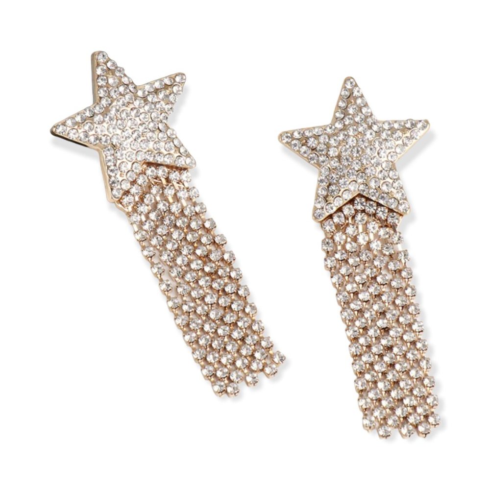 Shining Star Crystal Tassel Long Gold Earrings